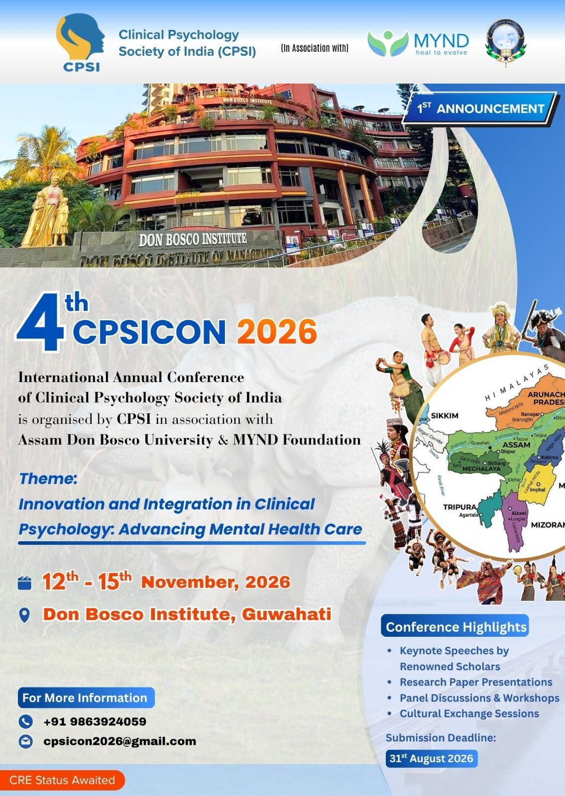 4th CPSICON 2026 conference announcement poster for Clinical Psychology Society of India at Don Bosco Institute, Guwahati, November 12-15, 2026